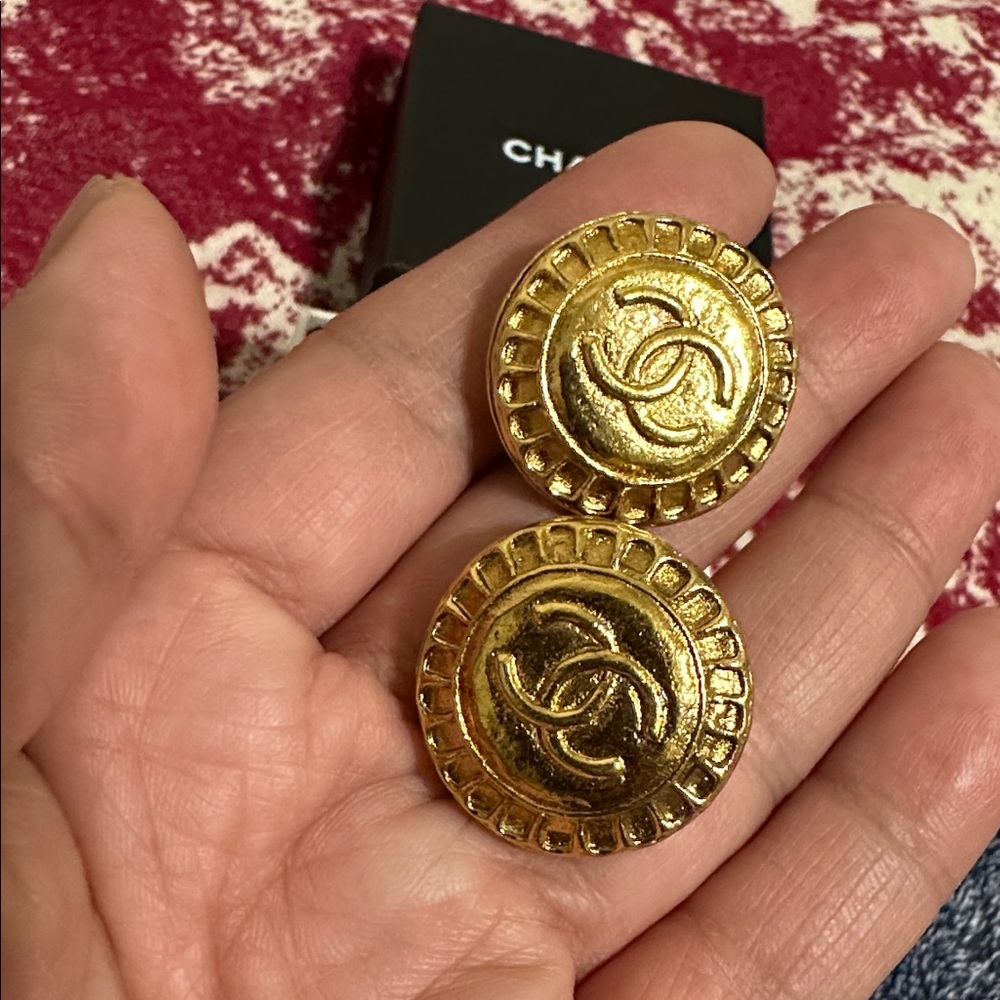Chanel Gold-Tone Interlocking CC Button Earrings - Picture 4 of 10